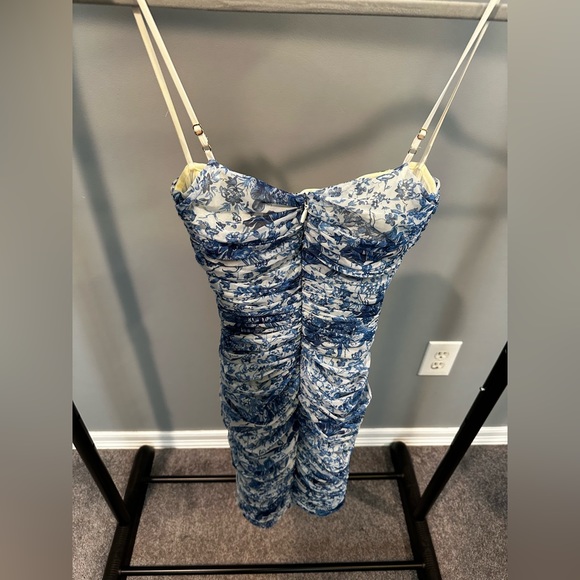 HOUSE OF CB - ELLA BLUE + WHITE RUCHED ORGANZA MESH MINI DRESS - Picture 2 of 3